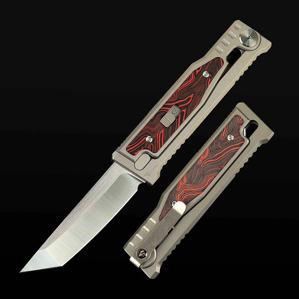 EXO-M Titanium bead blast handle G10 Damascus pattern-- Red/Black inlay - Satin finish- Tanto