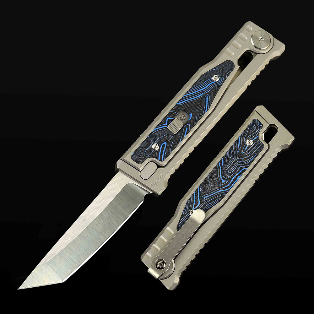 EXO-M Titanium bead blast handle G10 Damascus pattern-- Blue/Black inlay - All satin-Tanto