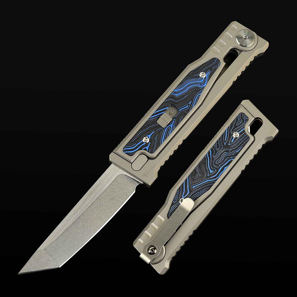 EXO-M Titanium bead blast handle G10 Damascus pattern-- Blue/Black inlay - Stonewashed with satin flat- Tanto