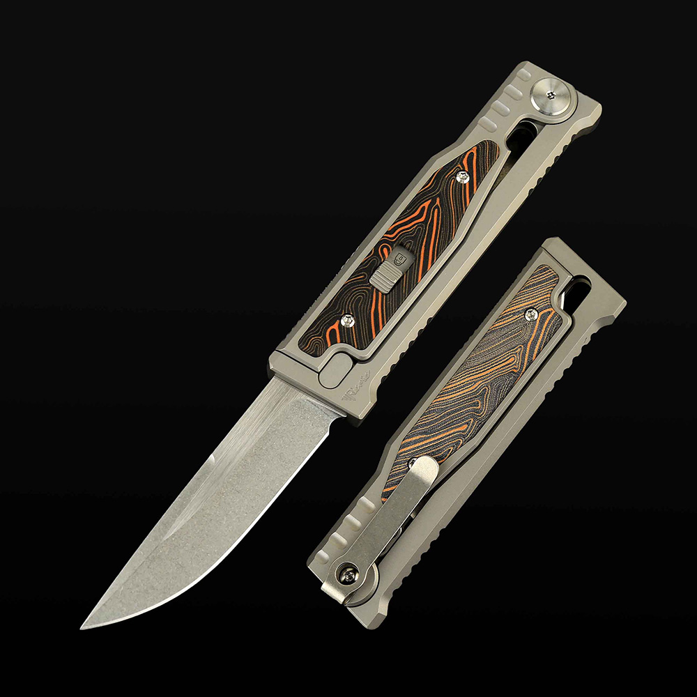 EXO-M Titanium bead blast handle G10 Damascus pattern-- Orange/Black inlay - Stonewashed with satin flat-Drop point