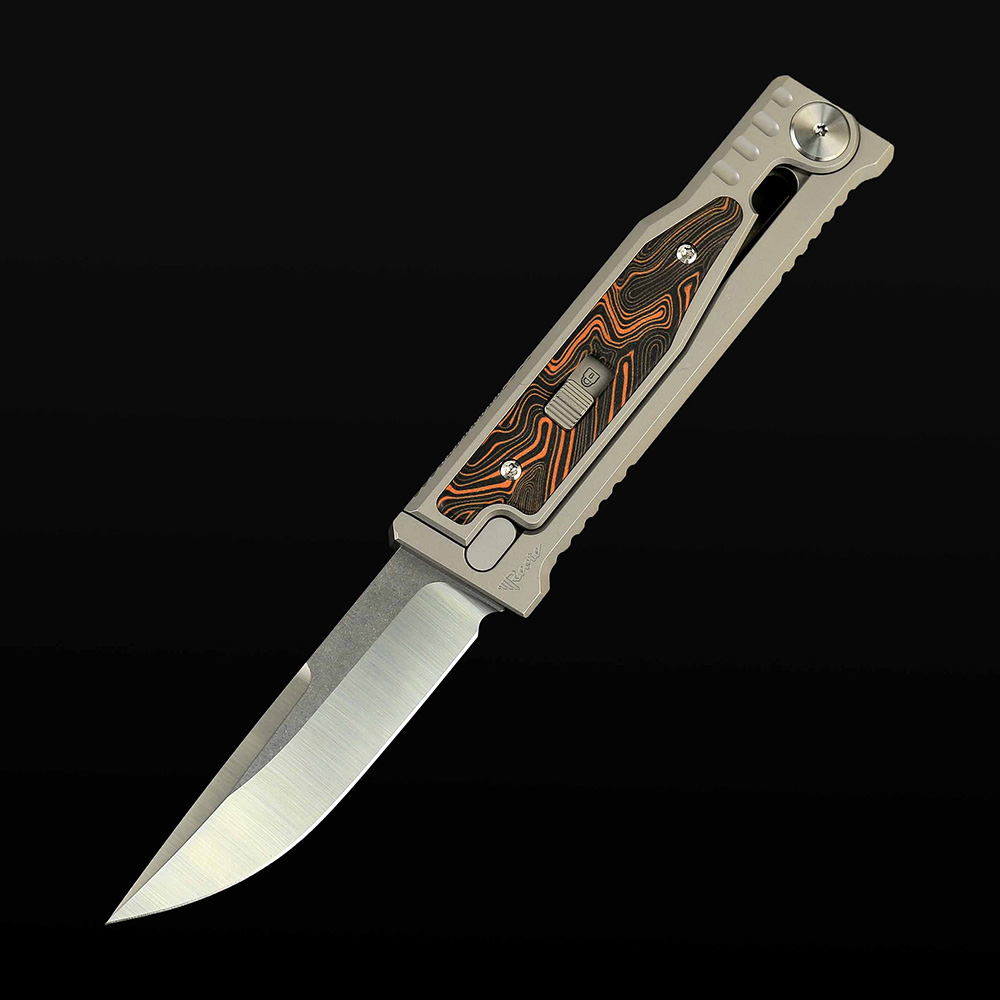 EXO-M Titanium bead blast handle G10 Damascus patternOrange/Black inlay - Satin finish- Drop point