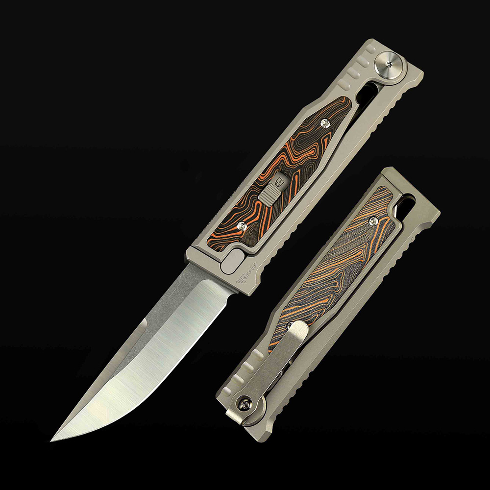 EXO-M Titanium bead blast handle G10 Damascus patternOrange/Black inlay - Satin finish- Drop point